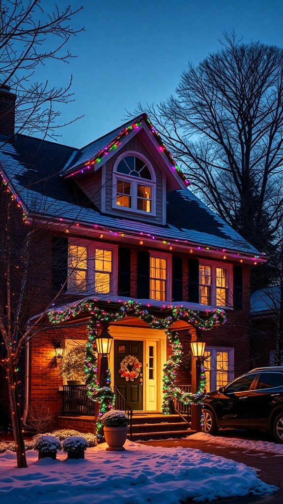 A cozy home decorated with colorful Christmas string lights in a snowy setting.